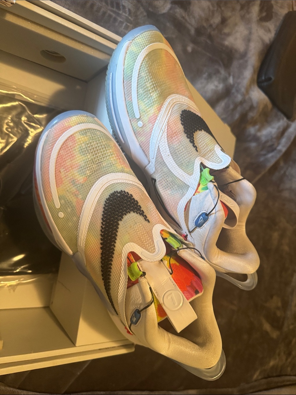 Nike White Multicolor Tie-Dye Slip-On Sneakers with Black Swoosh